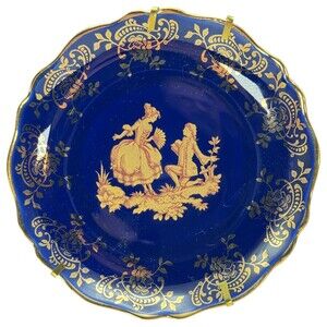 Limoges Courting Couple Figures Plate ~4.5" Blue Gold Porcelain France VTG
